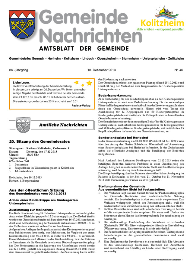 Titel Gemeindenachrichten - Amtliches Mitteilungsblatt der Gemeinde Kolitzheim