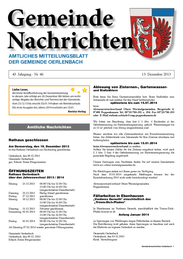 Titel Gemeindenachrichten - Amtliches Mitteilungsblatt der Gemeinde Oerlenbach