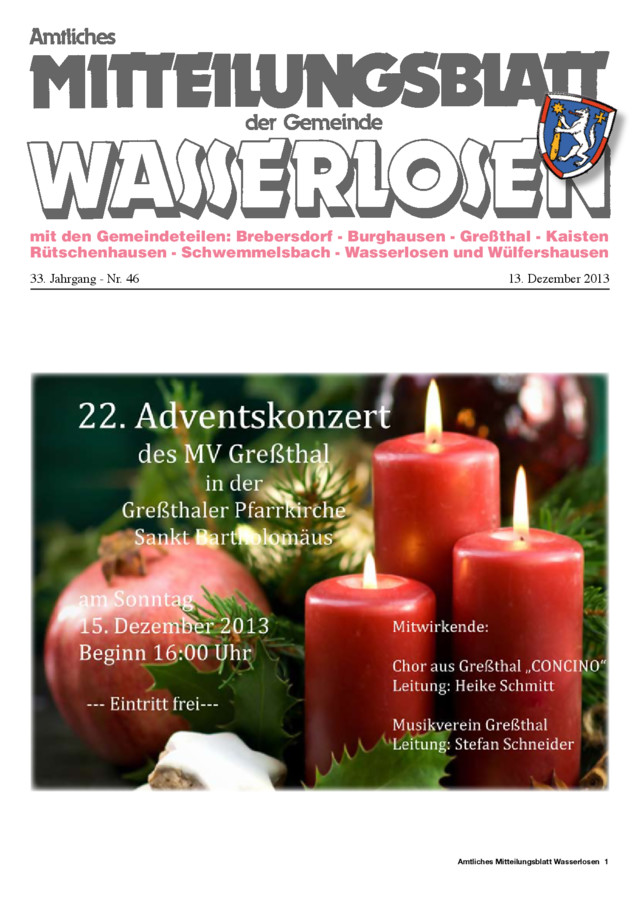 Titel Mitteilungsblatt der Gemeinde Wasserlosen - Gemeindeblatt Wasserlosen