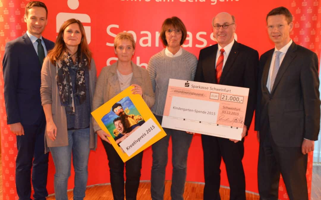 Kindergarten-Spendenübergabe: Sparkasse Schweinfurt unterstützt 42 Kindergärten aus Stadt und Landkreis Schweinfurt mit insgesamt 21.000 Euro und 5.000 Euro Sonderförderung.