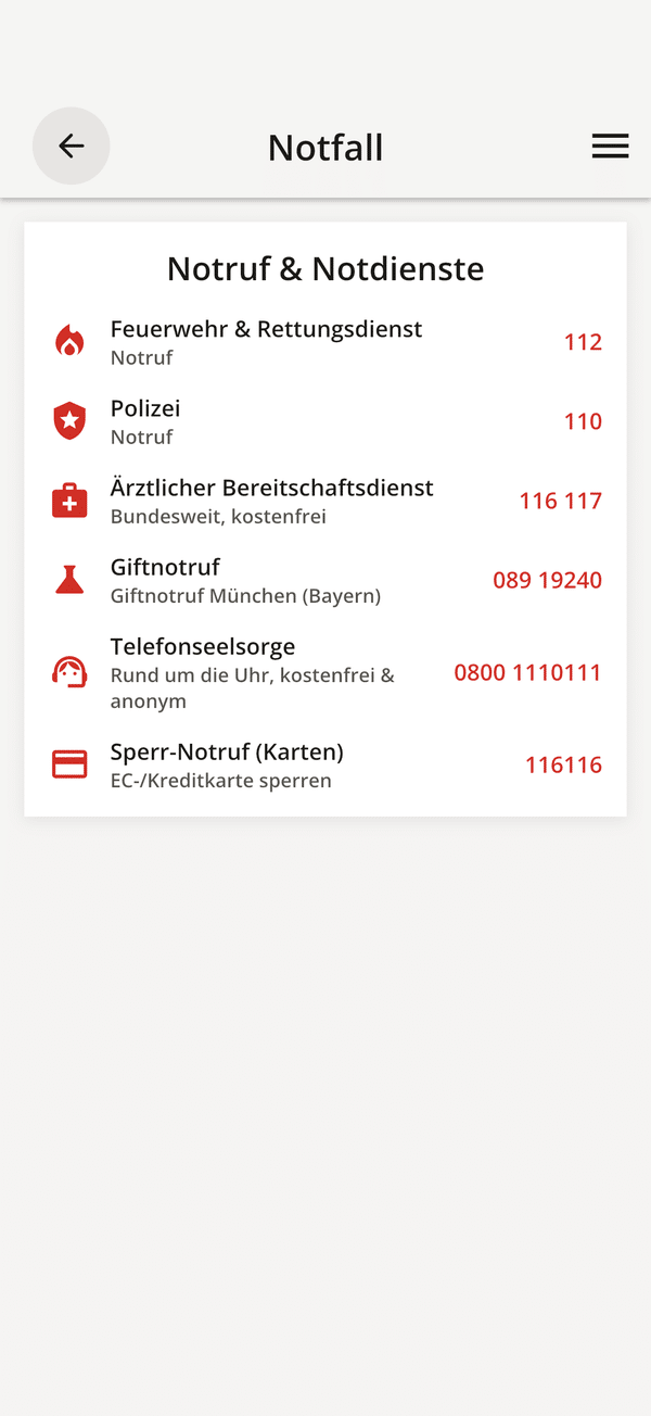 Notfallseite der REVISTA-App mit Notrufnummern