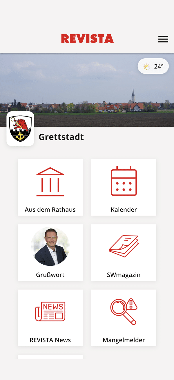 Startseite der REVISTA-App mit Ortsbild und Wappen